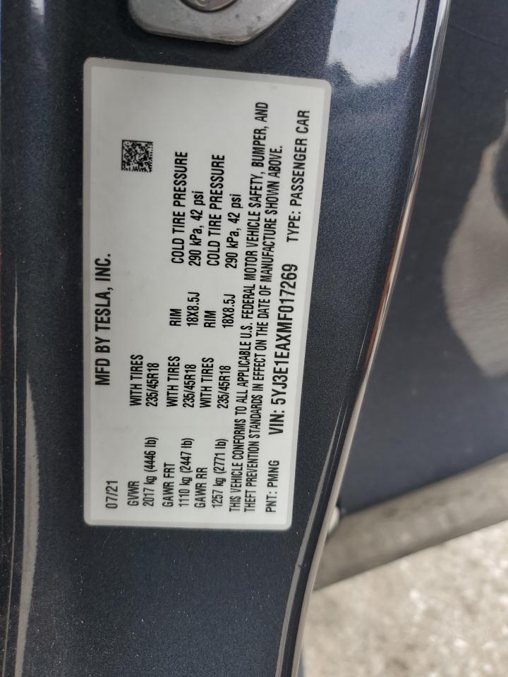 2021 Tesla Model 3 VIN: 5YJ3E1EAXMF017269 Lot: 58984115