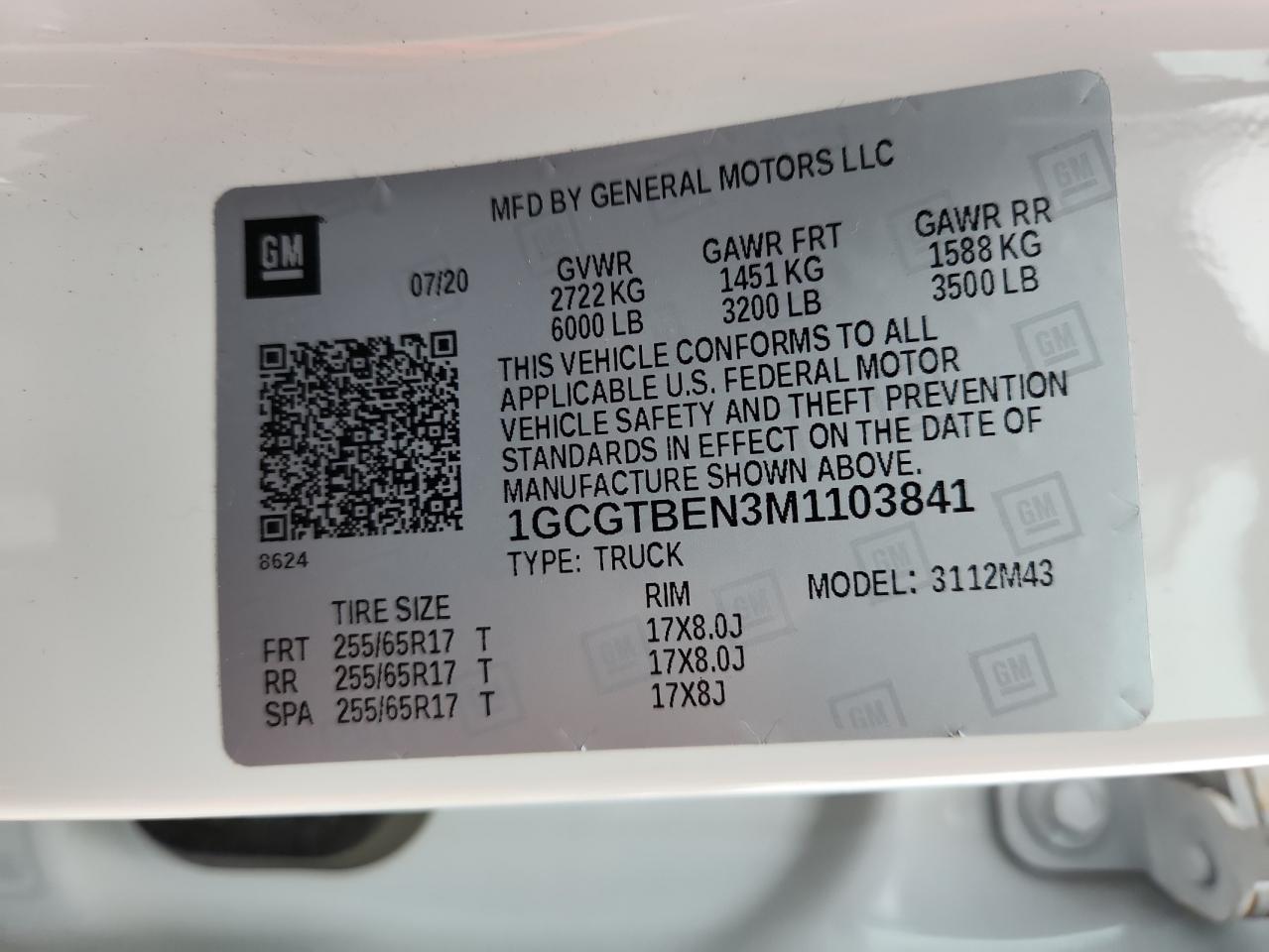 2021 Chevrolet Colorado VIN: 1GCGTBEN3M1103841 Lot: 62326145