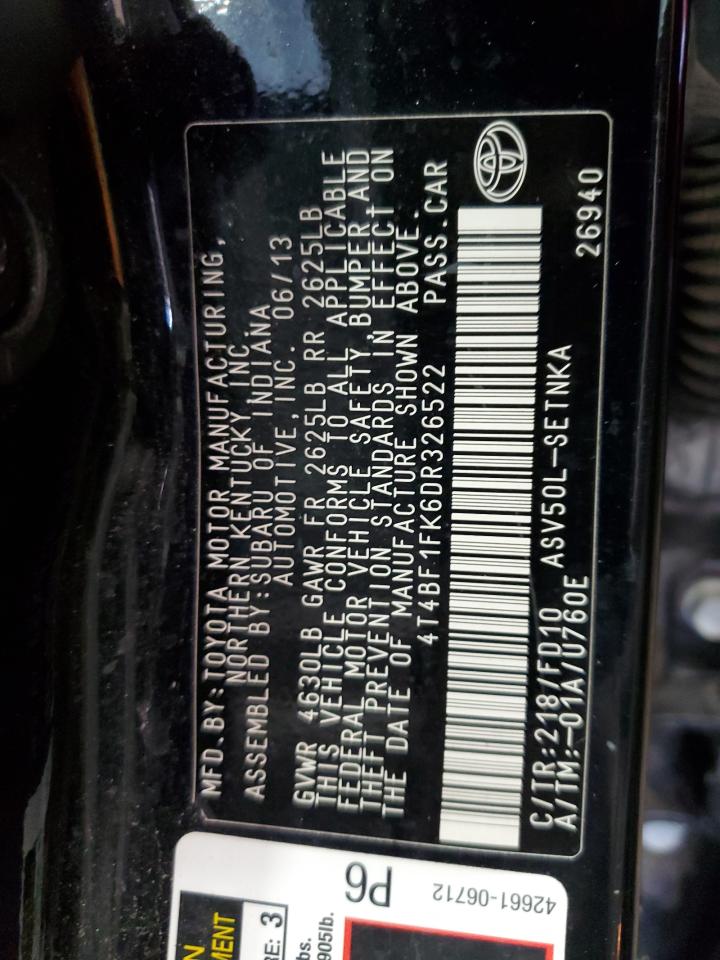 2013 Toyota Camry L VIN: 4T4BF1FK6DR326522 Lot: 63101495