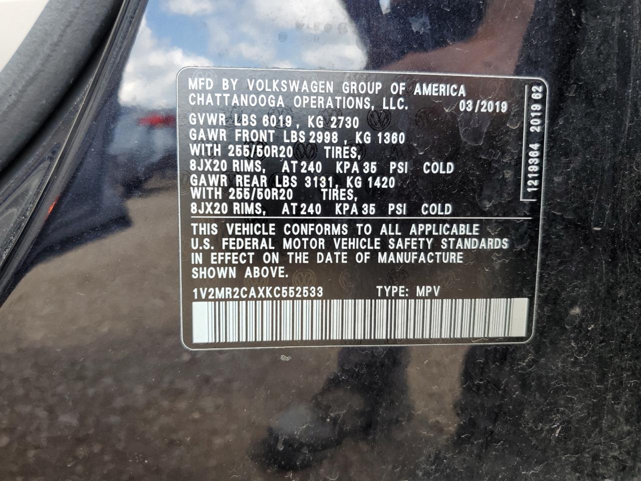 2019 Volkswagen Atlas Sel VIN: 1V2MR2CAXKC552533 Lot: 62471965