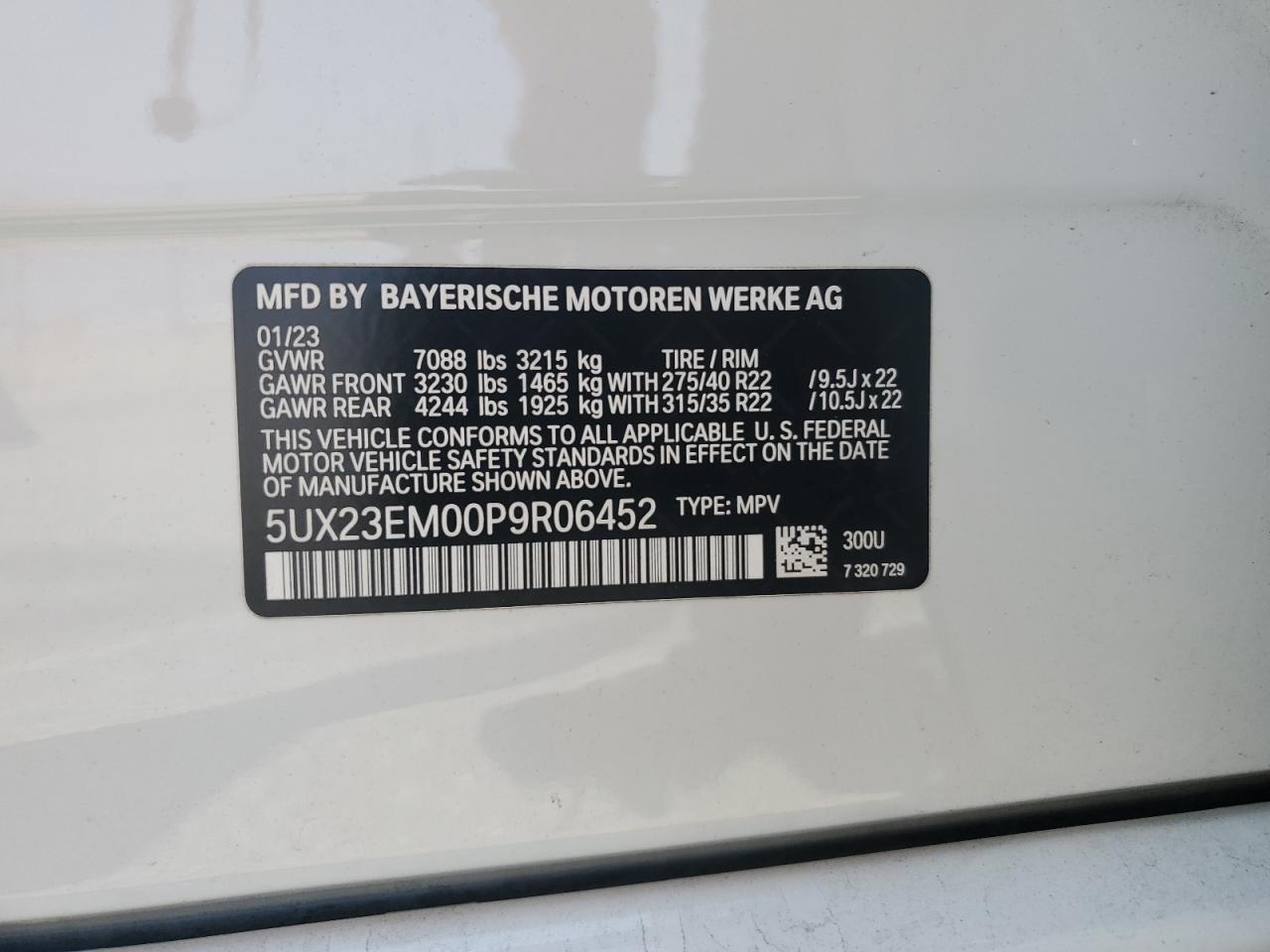 2023 BMW X7 xDrive40I VIN: 5UX23EM00P9R06452 Lot: 60159935
