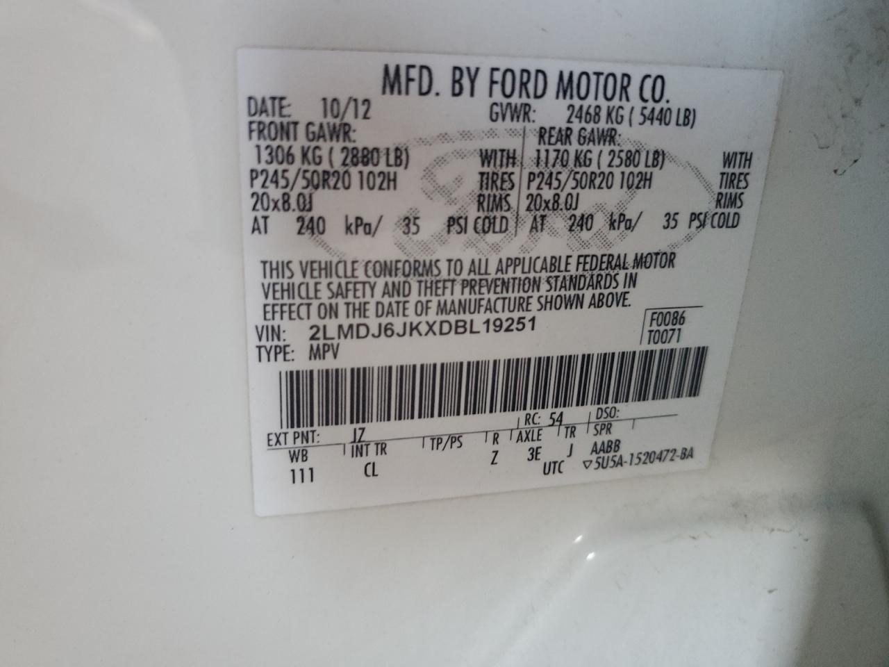 2013 Lincoln Mkx VIN: 2LMDJ6JKXDBL19251 Lot: 62967315