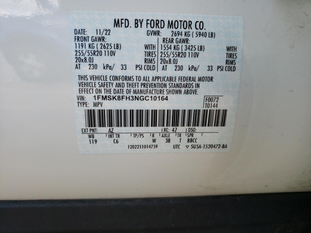 2022 Ford Explorer Limited VIN: 1FMSK8FH3NGC10164 Lot: 61637435
