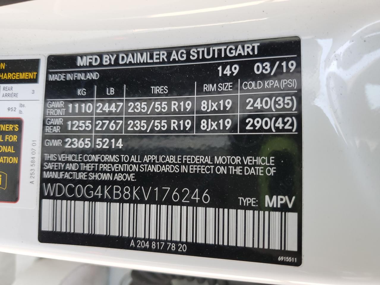 2019 Mercedes-Benz Glc 300 4Matic VIN: WDC0G4KB8KV176246 Lot: 58037655