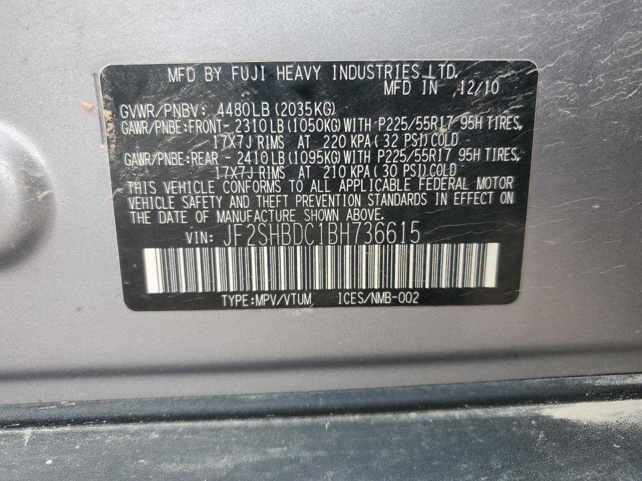 2011 Subaru Forester 2.5X Premium VIN: JF2SHBDC1BH736615 Lot: 62330455