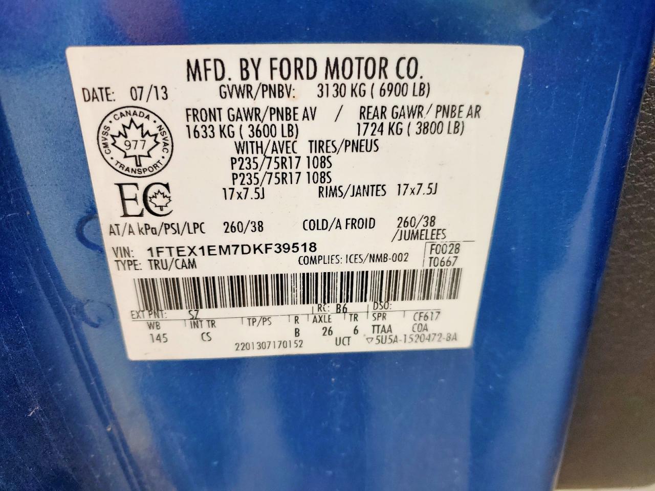 2013 Ford F150 Super Cab VIN: 1FTEX1EM7DKF39518 Lot: 58047255