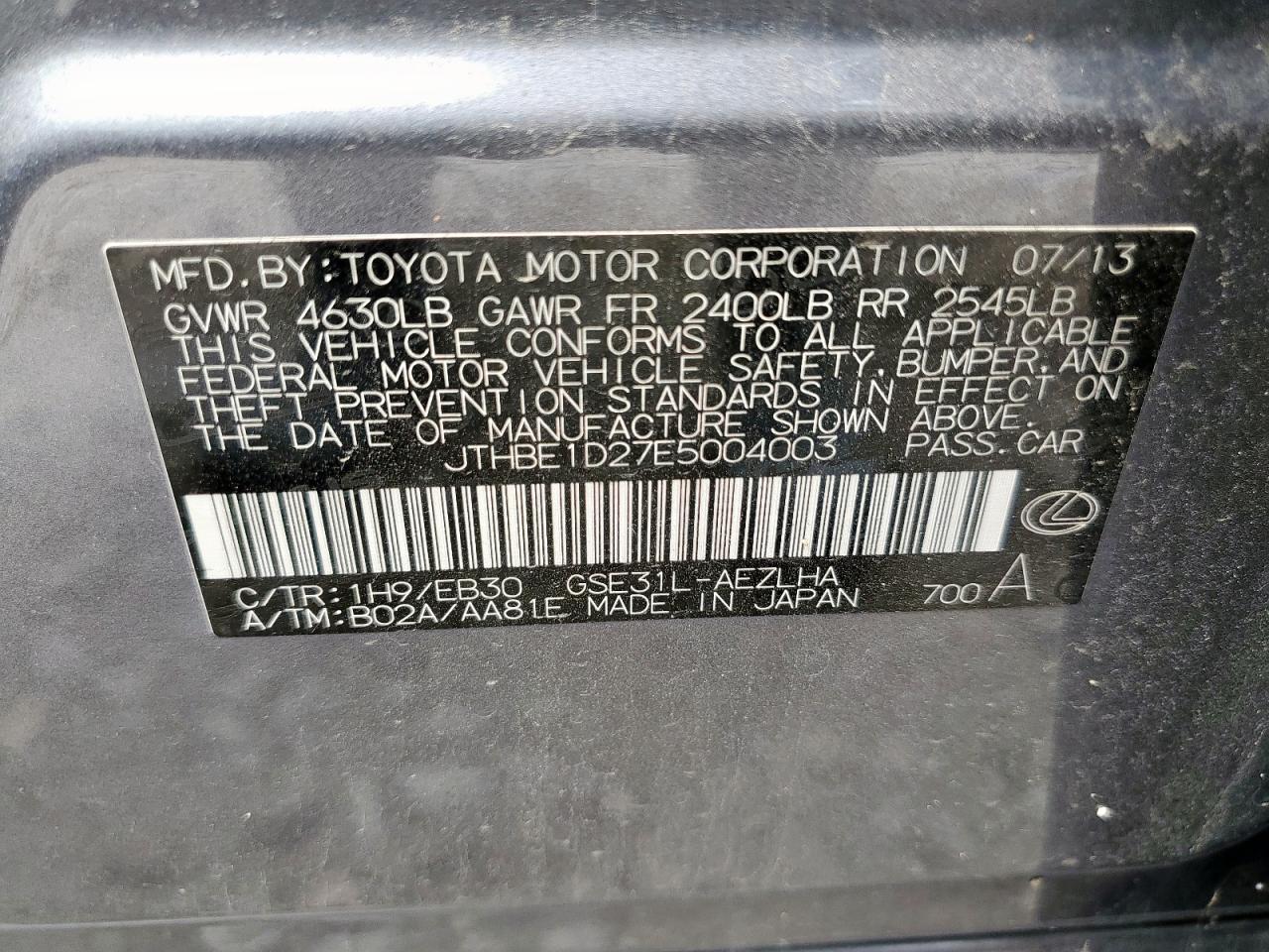 2014 Lexus Is 350 VIN: JTHBE1D27E5004003 Lot: 61238035