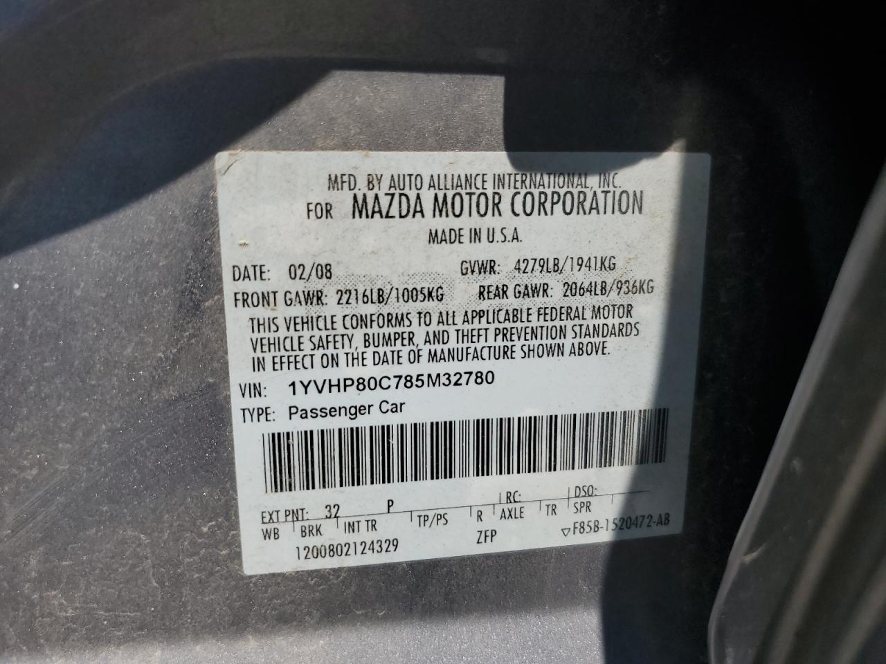 2008 Mazda 6 I VIN: 1YVHP80C785M32780 Lot: 61646705