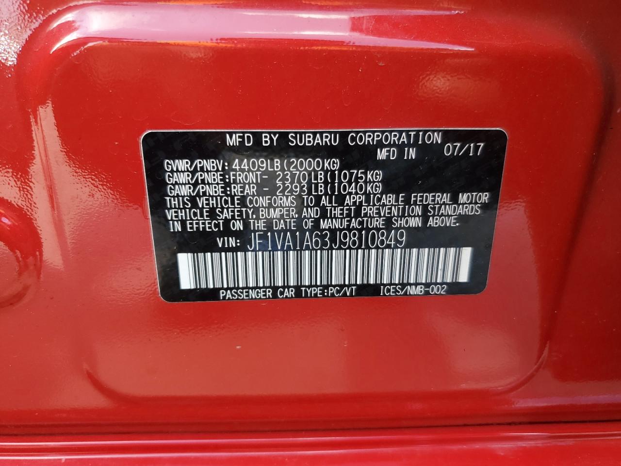 2018 Subaru Wrx VIN: JF1VA1A63J9810849 Lot: 59981685