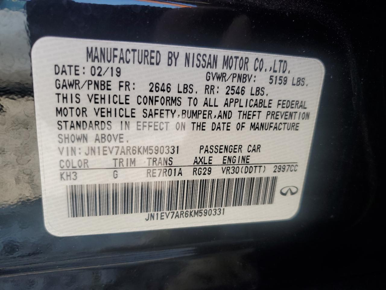 2019 Infiniti Q50 Luxe VIN: JN1EV7AR6KM590331 Lot: 61503935