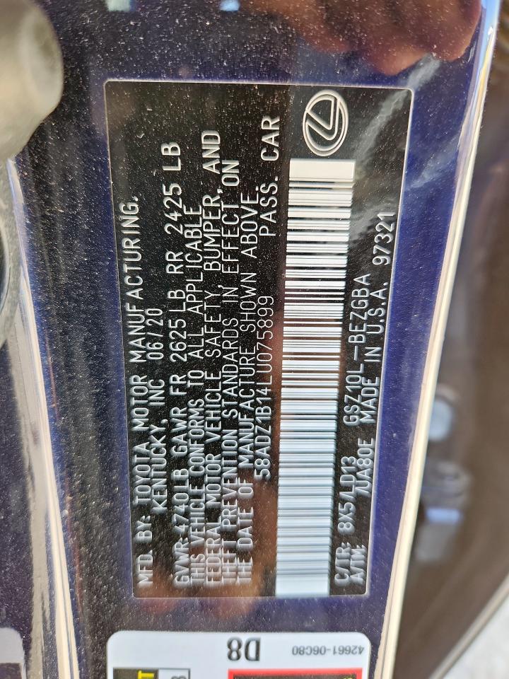 2020 Lexus Es 350 VIN: 58ADZ1B14LU075899 Lot: 61286385