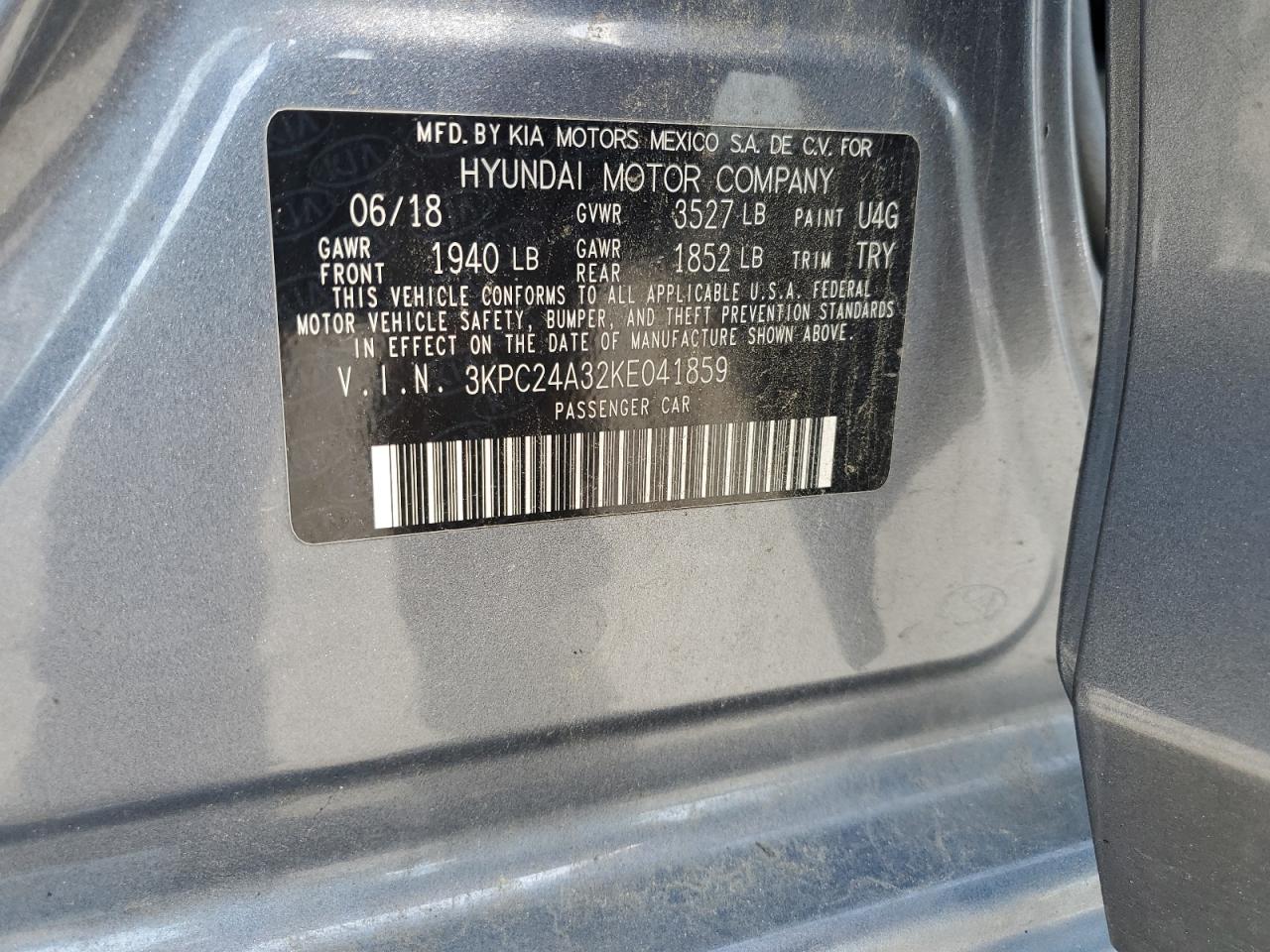 2019 Hyundai Accent Se VIN: 3KPC24A32KE041859 Lot: 60730085
