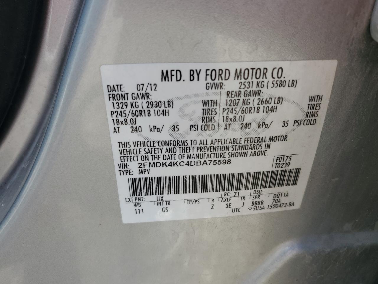 2013 Ford Edge Limited VIN: 2FMDK4KC4DBA75598 Lot: 62131075