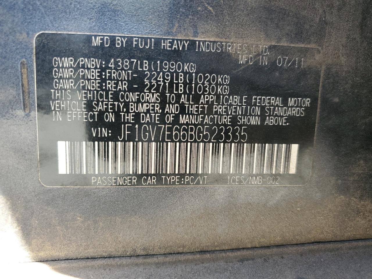 2011 Subaru Impreza Wrx VIN: JF1GV7E66BG523335 Lot: 62670255