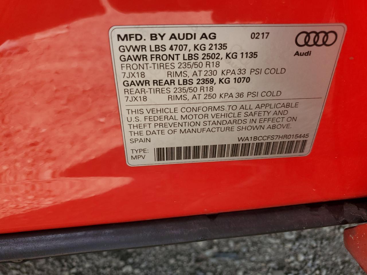 2017 Audi Q3 Premium VIN: WA1BCCFS7HR015445 Lot: 62469995