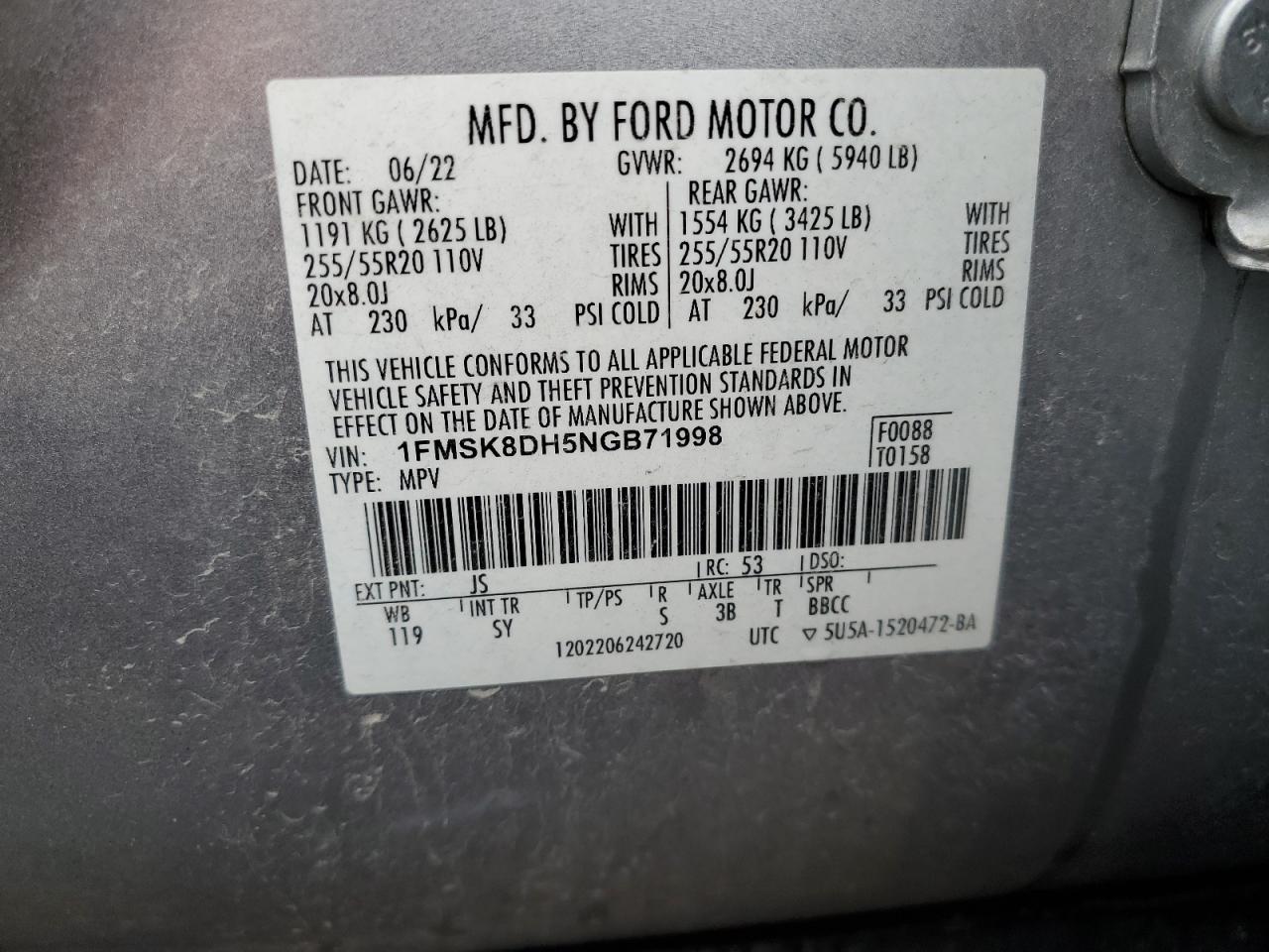 2022 Ford Explorer Xlt VIN: 1FMSK8DH5NGB71998 Lot: 61478725