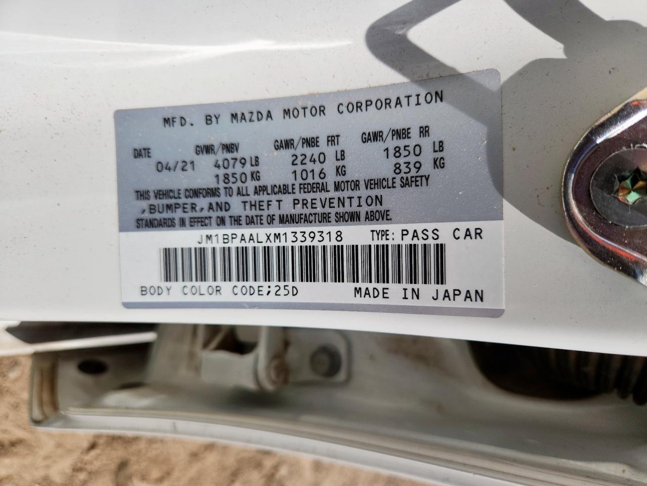 2021 Mazda 3 VIN: JM1BPAALXM1339318 Lot: 61247975