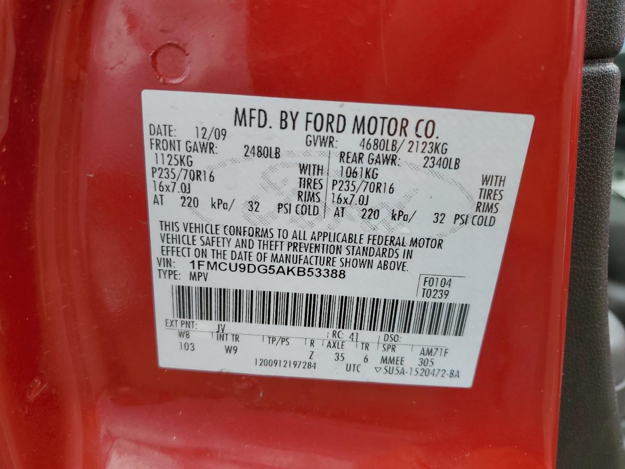 2010 Ford Escape Xlt VIN: 1FMCU9DG5AKB53388 Lot: 58812645