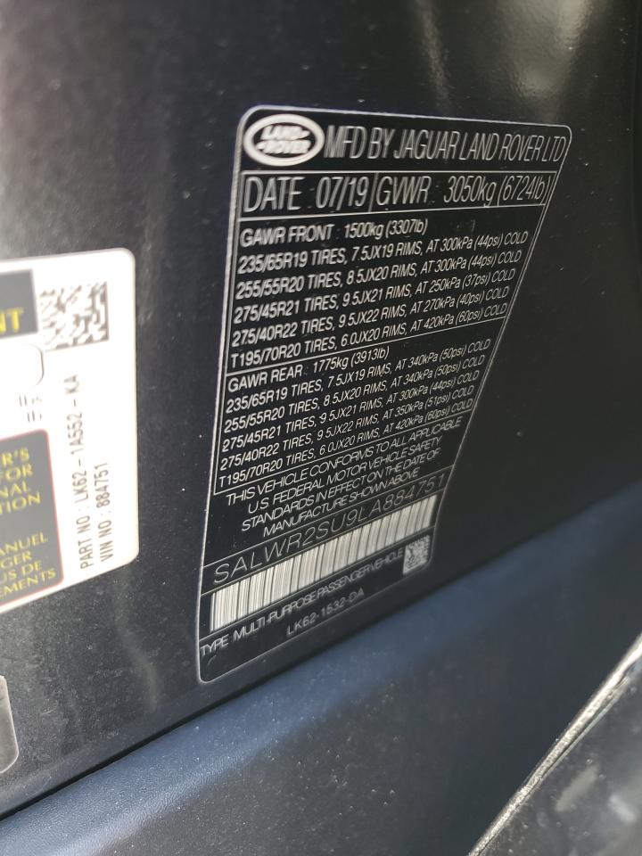 2020 Land Rover Range Rover Sport Hse VIN: SALWR2SU9LA884751 Lot: 62549595