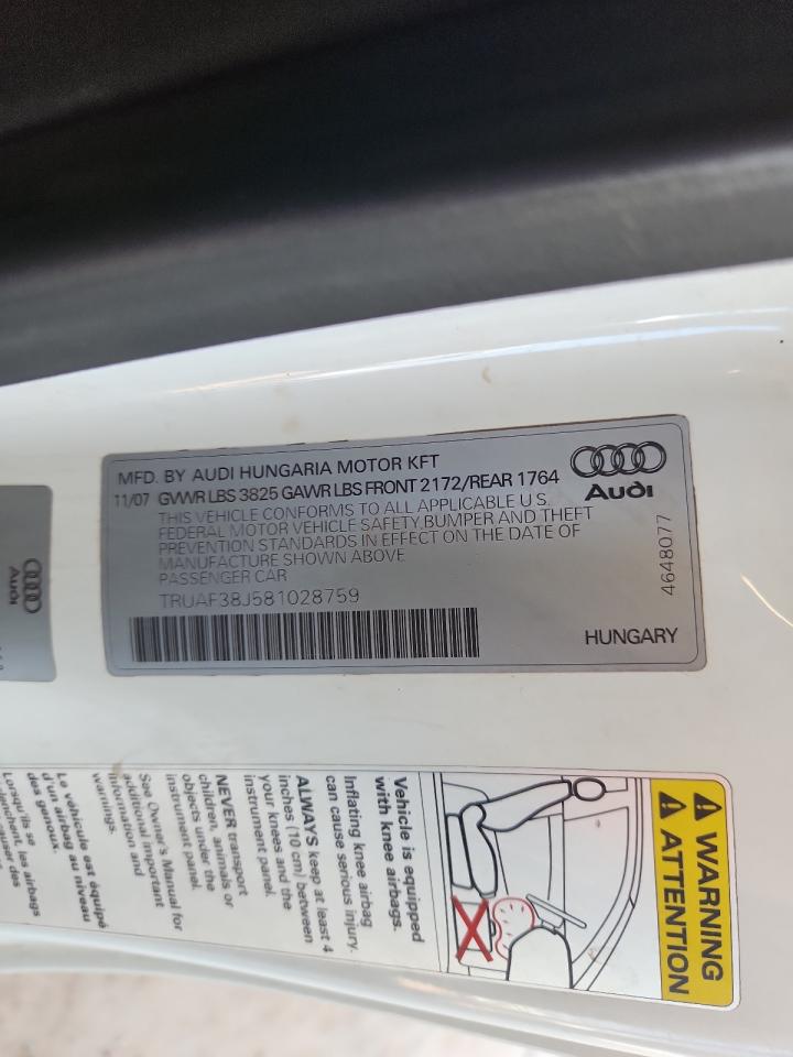 2008 Audi Tt 2.0T VIN: TRUAF38J581028759 Lot: 60045385