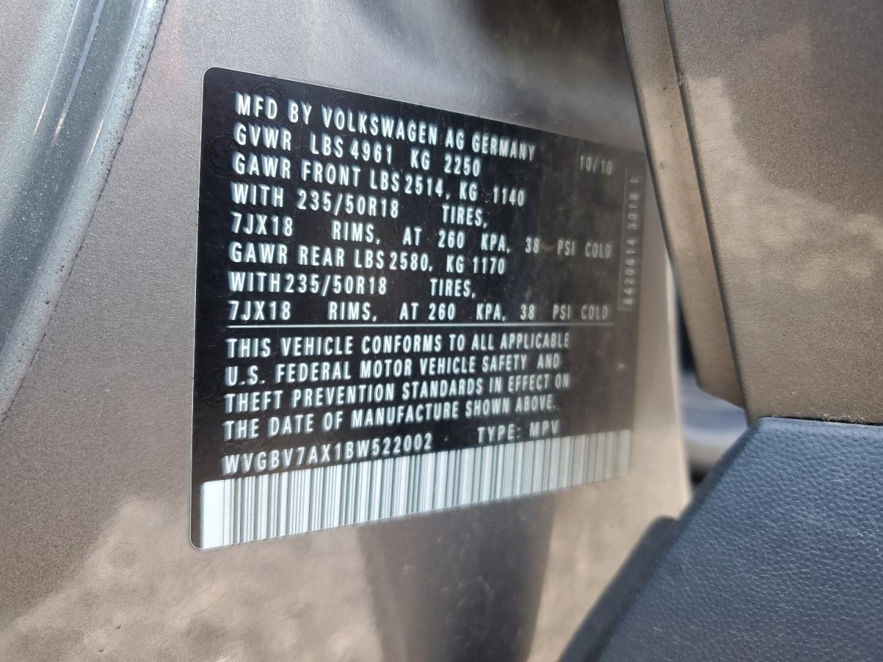 2011 Volkswagen Tiguan S VIN: WVGBV7AX1BW522002 Lot: 62348525