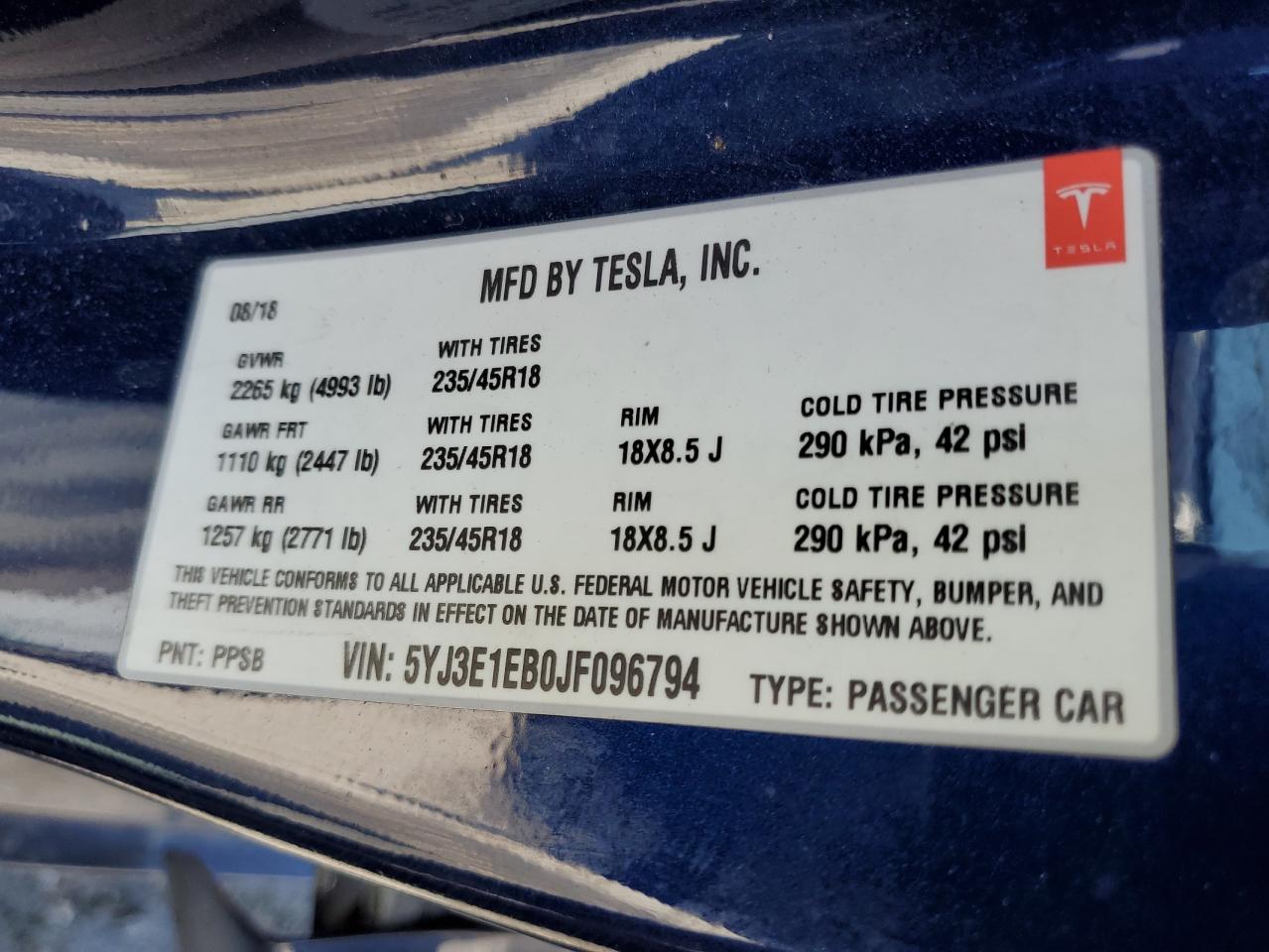 2018 Tesla Model 3 VIN: 5YJ3E1EB0JF096794 Lot: 61602845