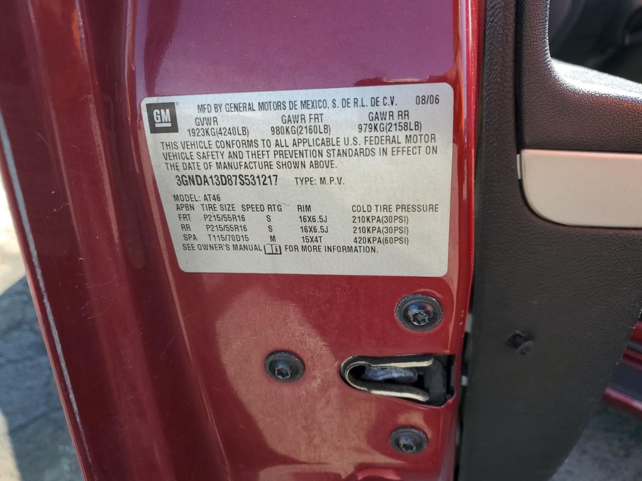 2007 Chevrolet Hhr Ls VIN: 3GNDA13D87S531217 Lot: 59899015