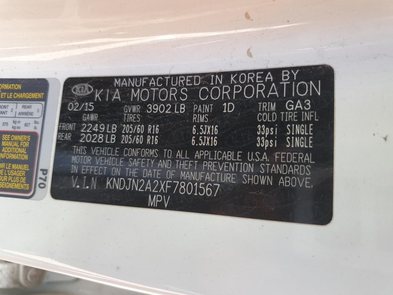 2015 Kia Soul VIN: KNDJN2A2XF7801567 Lot: 59723215