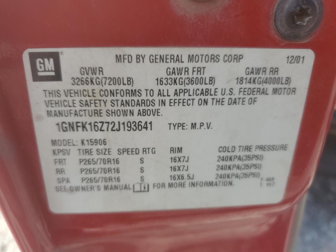 2002 Chevrolet Suburban K1500 VIN: 1GNFK16Z72J193641 Lot: 62131905