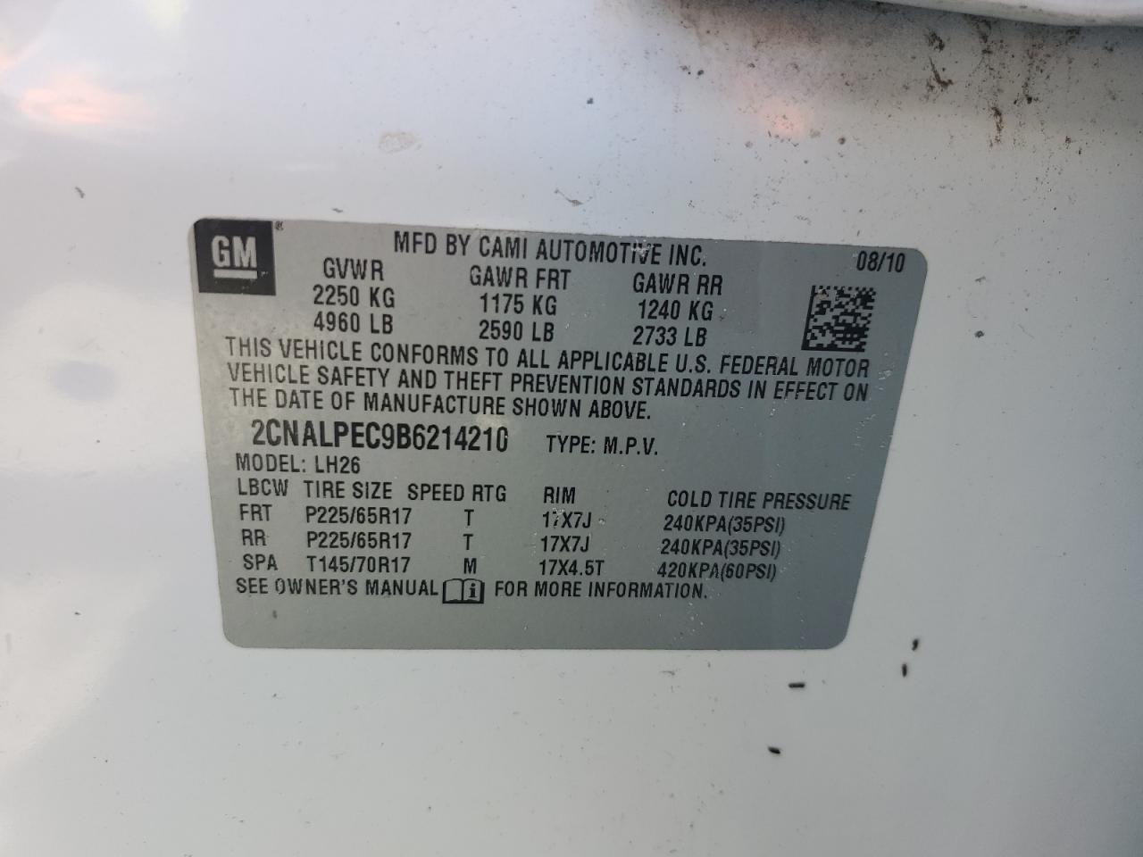 2011 Chevrolet Equinox Lt VIN: 2CNALPEC9B6214210 Lot: 62949485