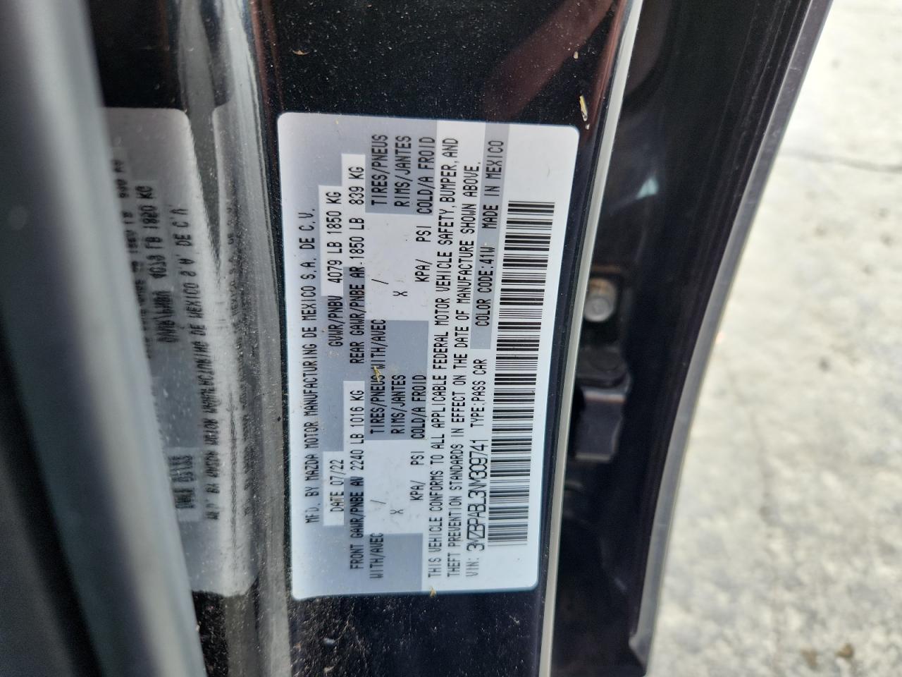 2022 Mazda 3 Select VIN: 3MZBPABL3NM309741 Lot: 61103655