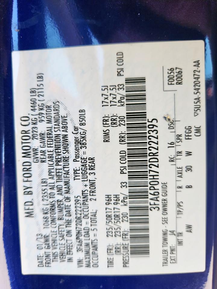 2013 Ford Fusion Se VIN: 3FA6P0H72DR222395 Lot: 62952775