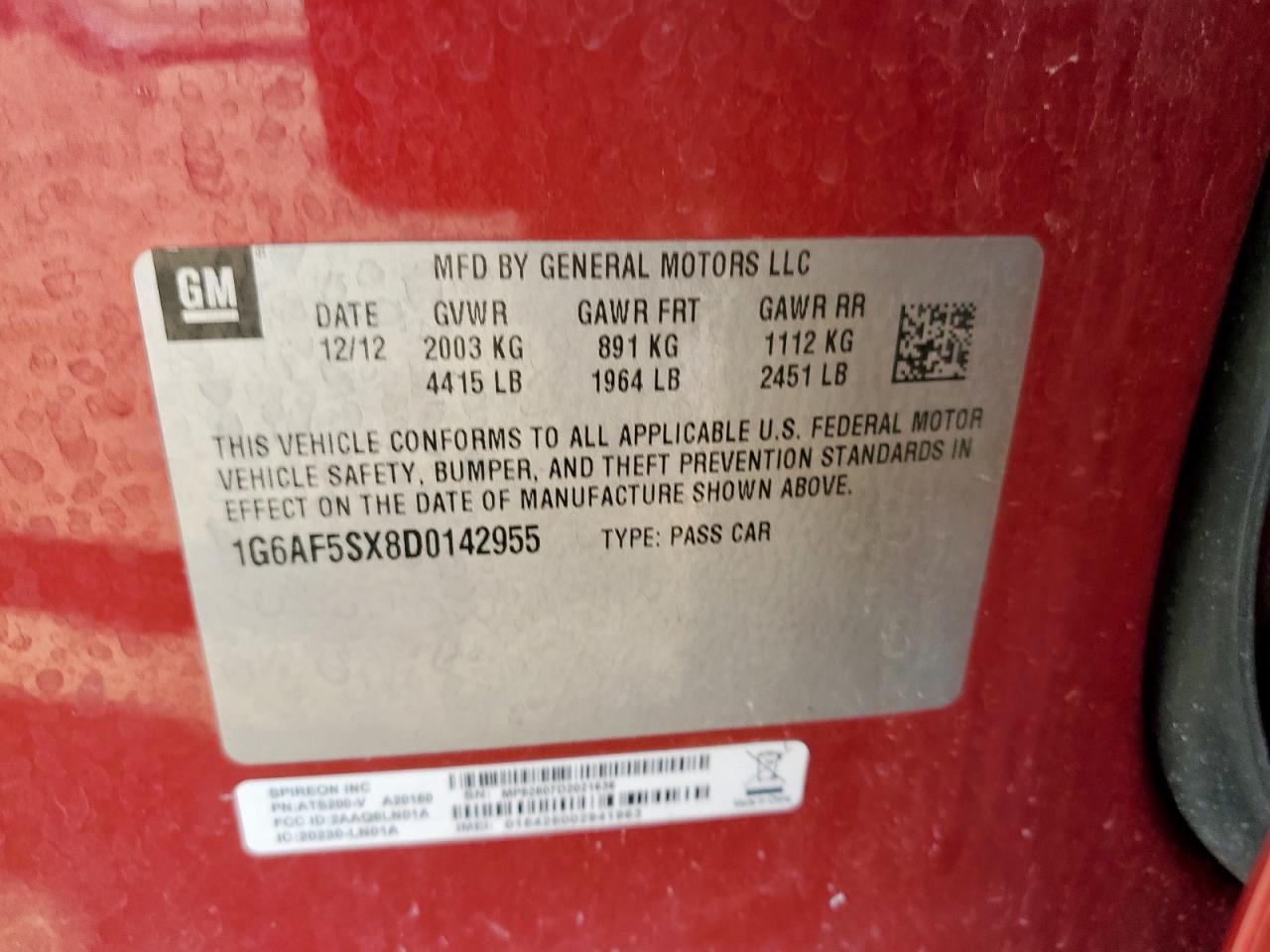 2013 Cadillac Ats Premium VIN: 1G6AF5SX8D0142955 Lot: 62671775
