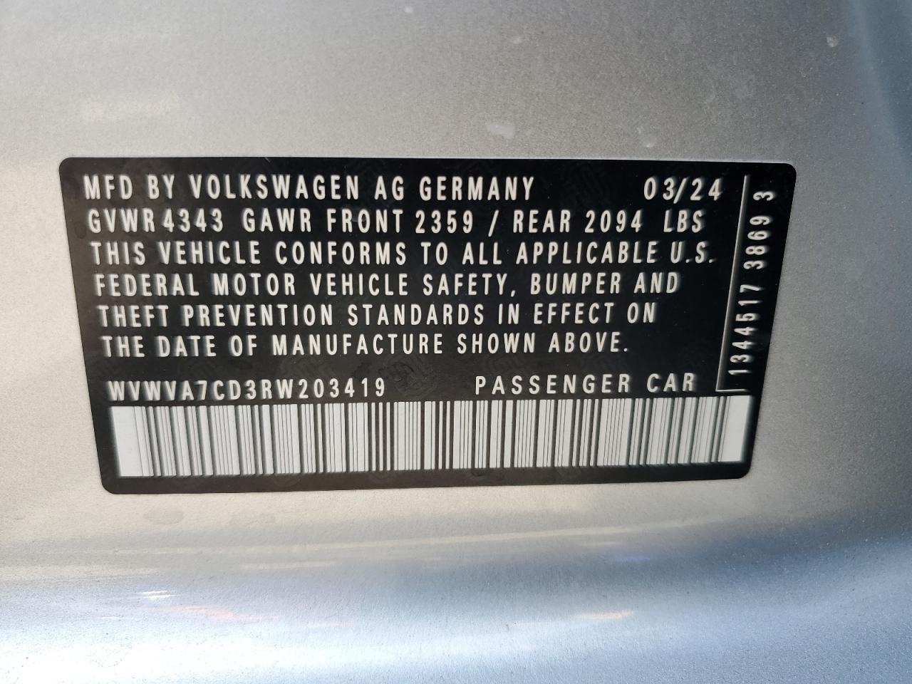 2024 Volkswagen Gti Autobahn VIN: WVWVA7CD3RW203419 Lot: 61914355