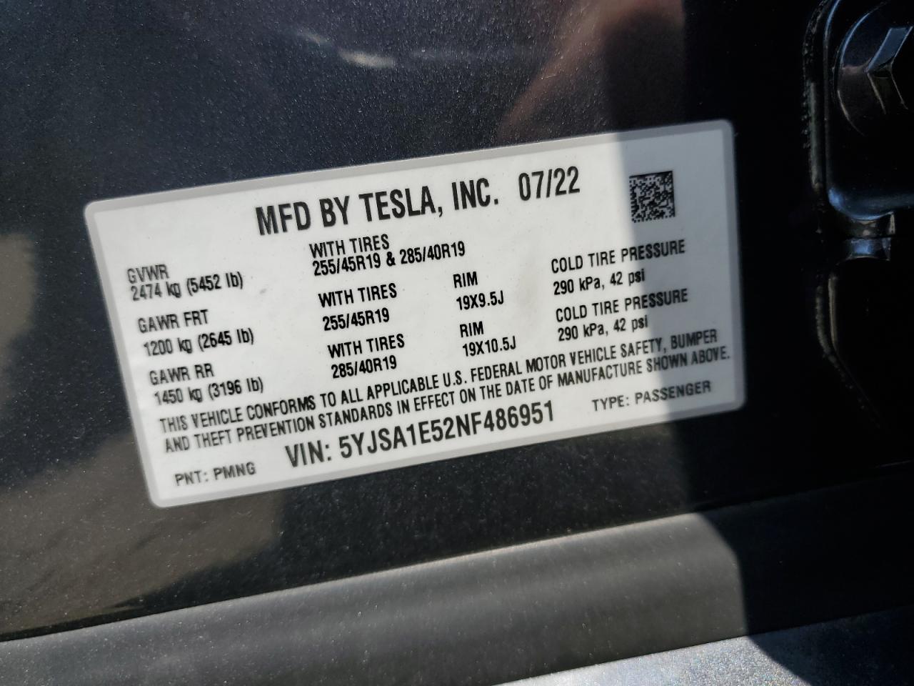 2022 Tesla Model S VIN: 5YJSA1E52NF486951 Lot: 60591255