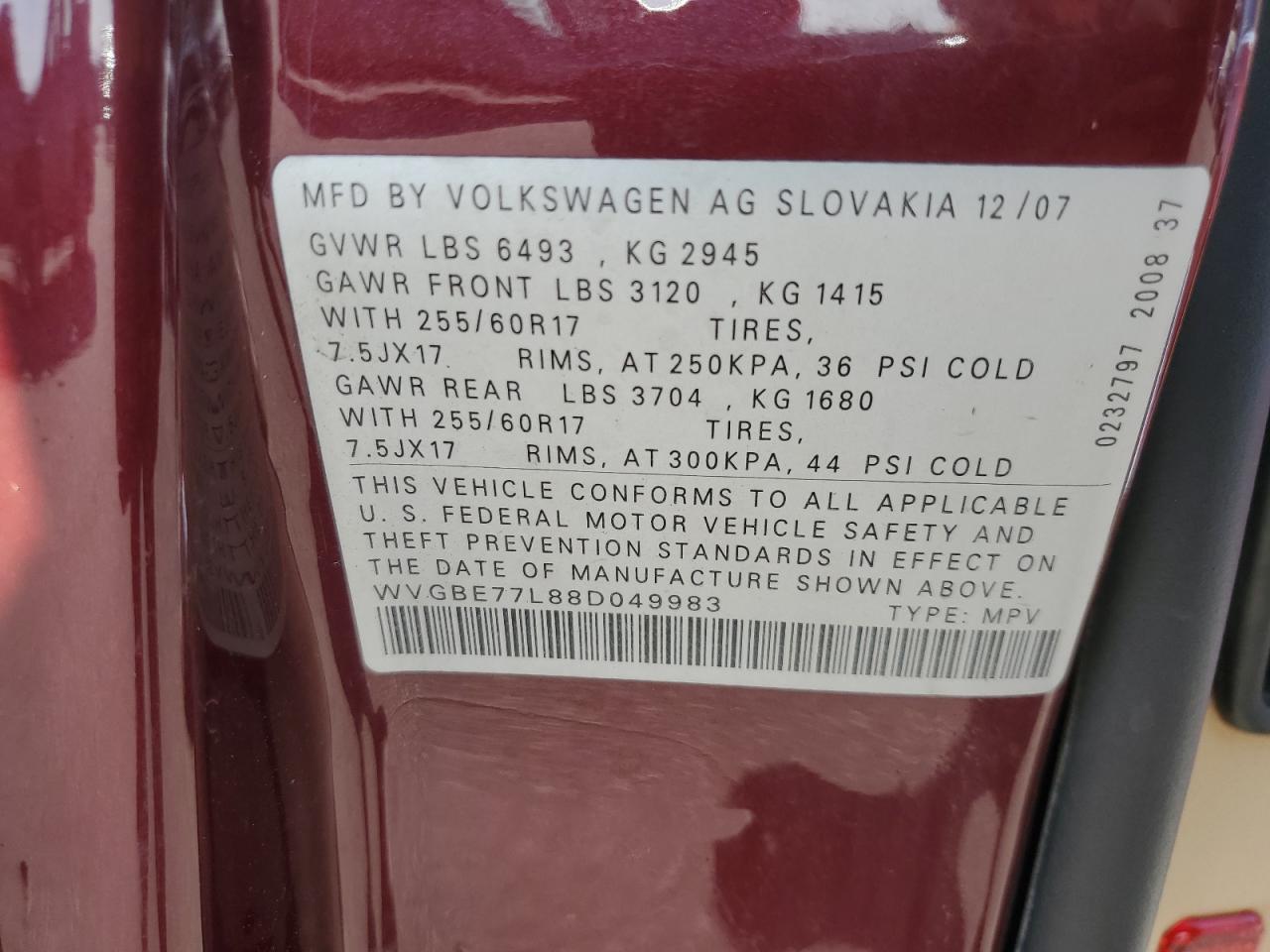 2008 Volkswagen Touareg 2 V6 VIN: WVGBE77L88D049983 Lot: 61398125