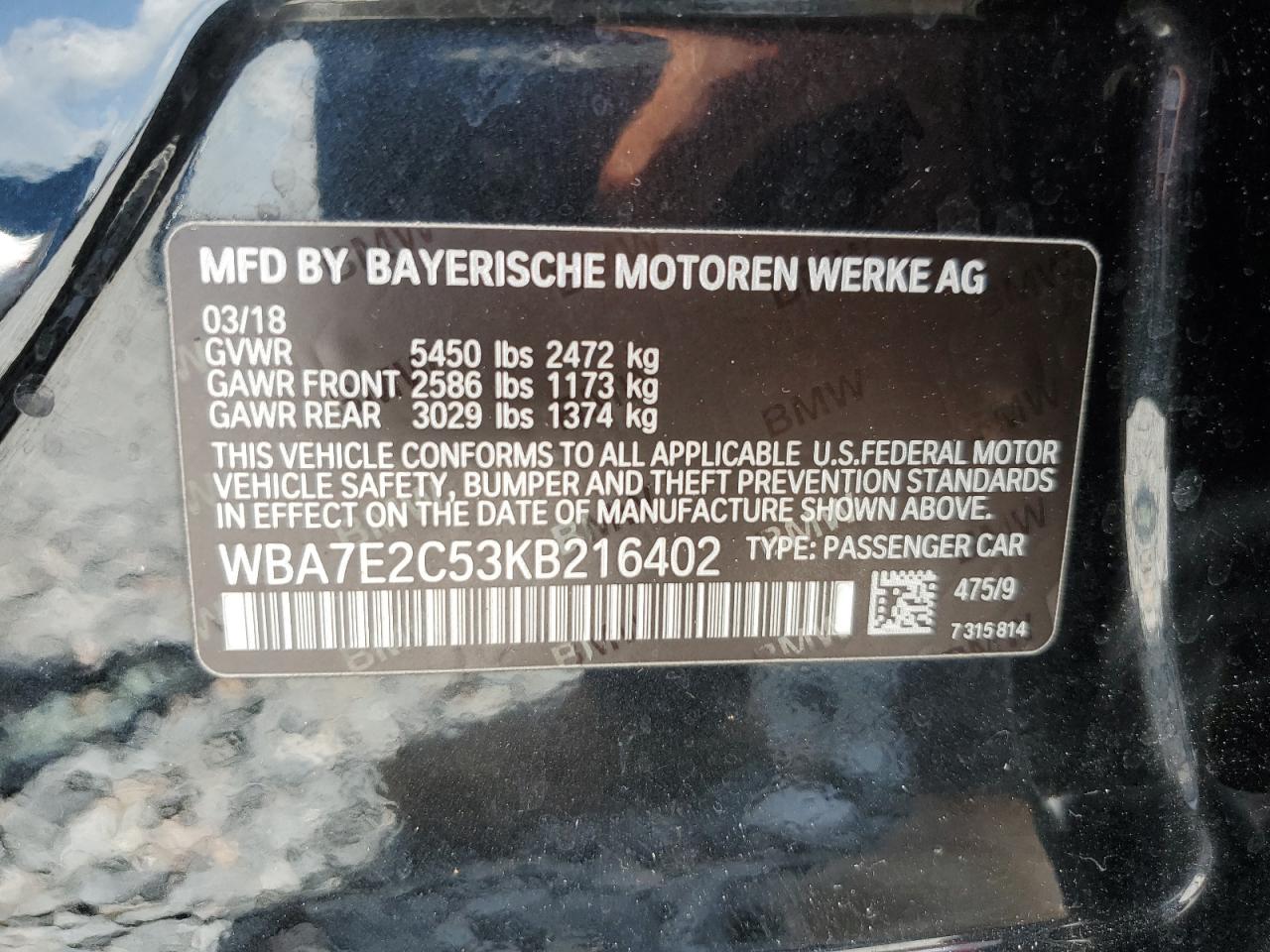 2019 BMW 740 I VIN: WBA7E2C53KB216402 Lot: 61229045