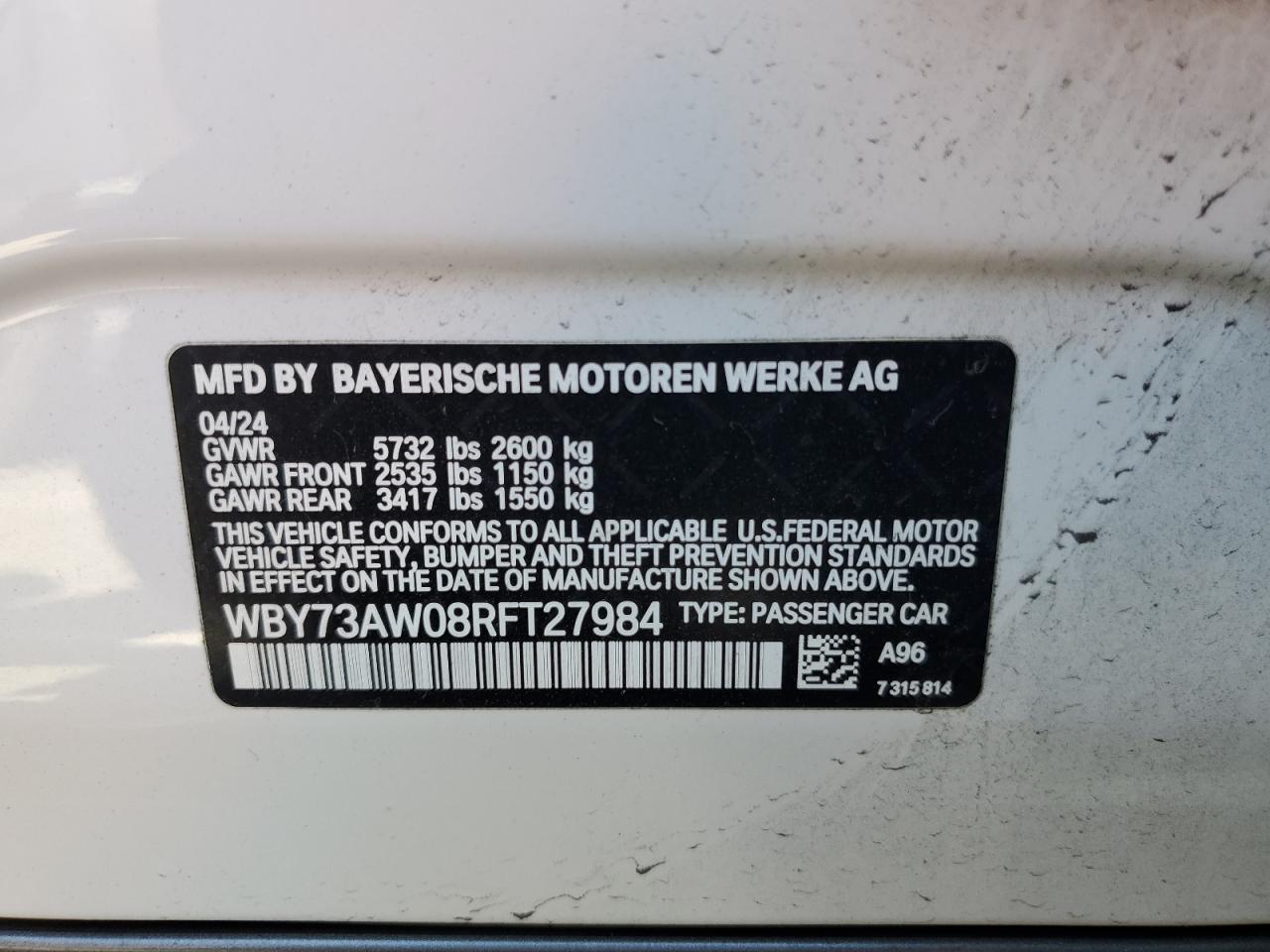 2024 BMW I4 Edrive 40 VIN: WBY73AW08RFT27984 Lot: 62776285