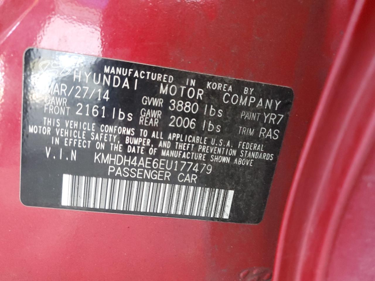 2014 Hyundai Elantra Se VIN: KMHDH4AE6EU177479 Lot: 60160235