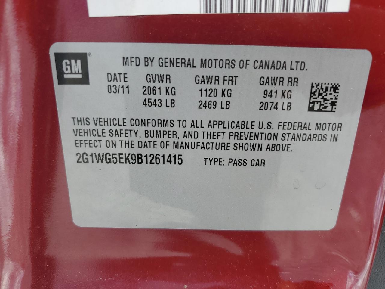 2011 Chevrolet Impala Lt VIN: 2G1WG5EK9B1261415 Lot: 60219325