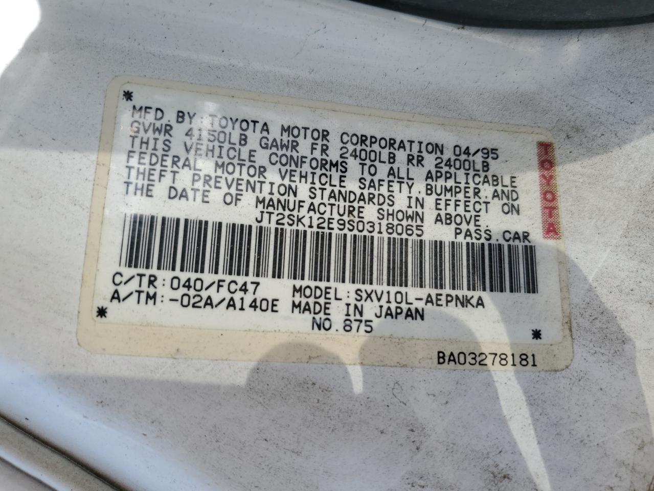 1995 Toyota Camry Le VIN: JT2SK12E9S0318065 Lot: 63078775