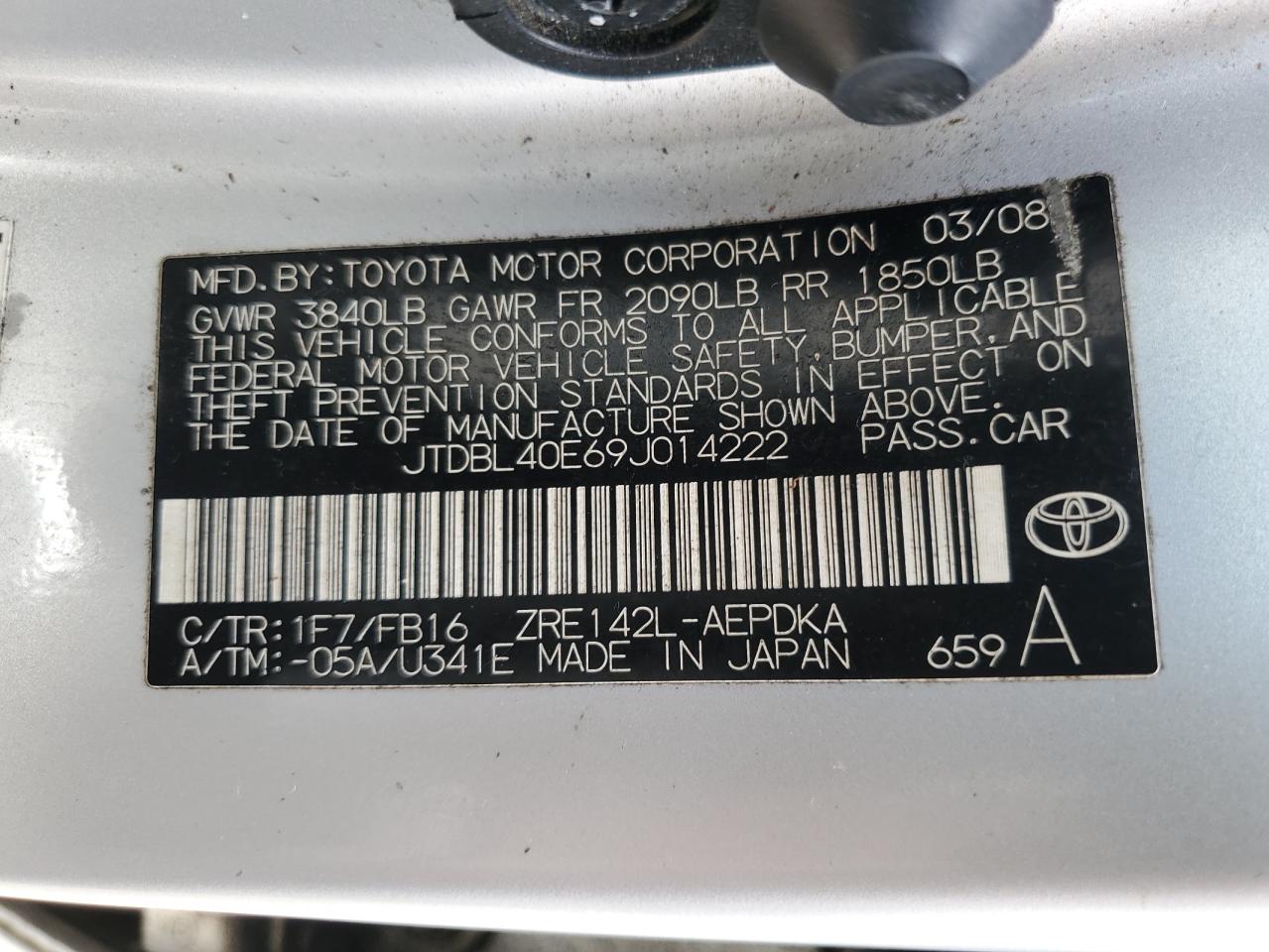 2009 Toyota Corolla Base VIN: JTDBL40E69J014222 Lot: 62876605