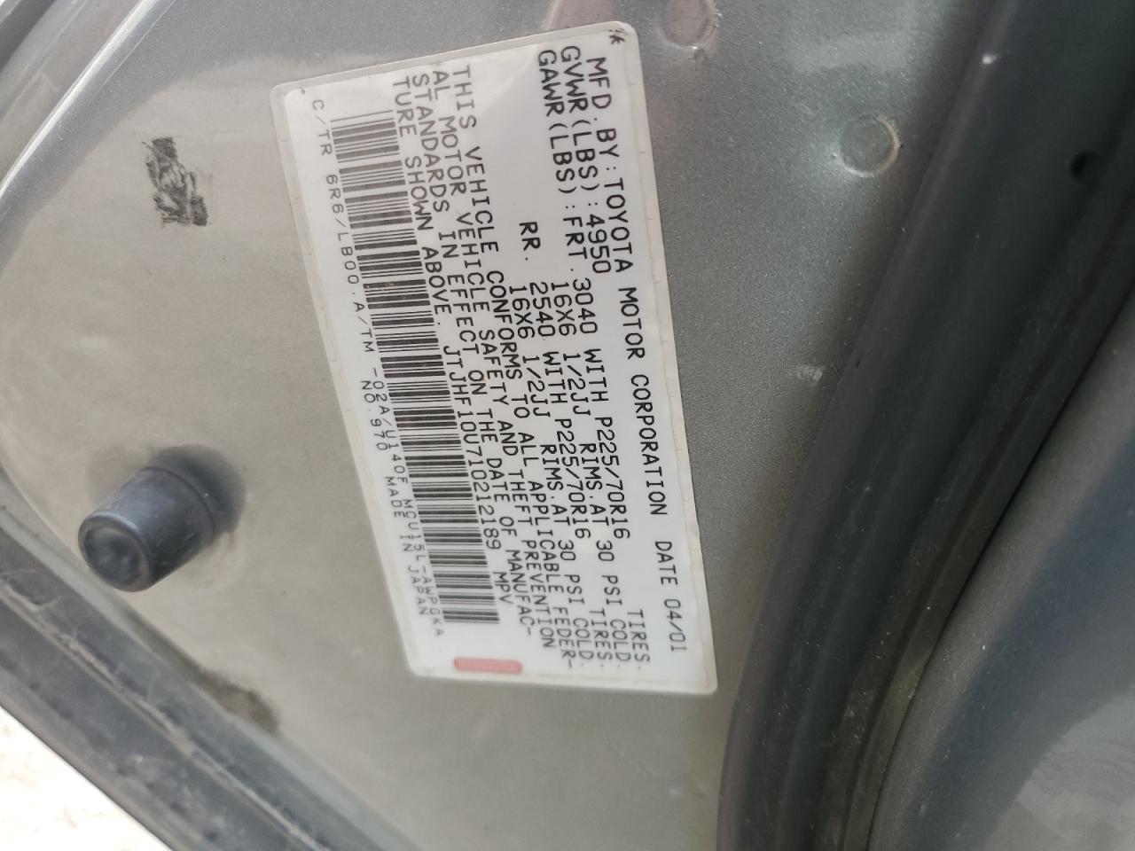 2001 Lexus Rx 300 VIN: JTJHF10U710212189 Lot: 59755825