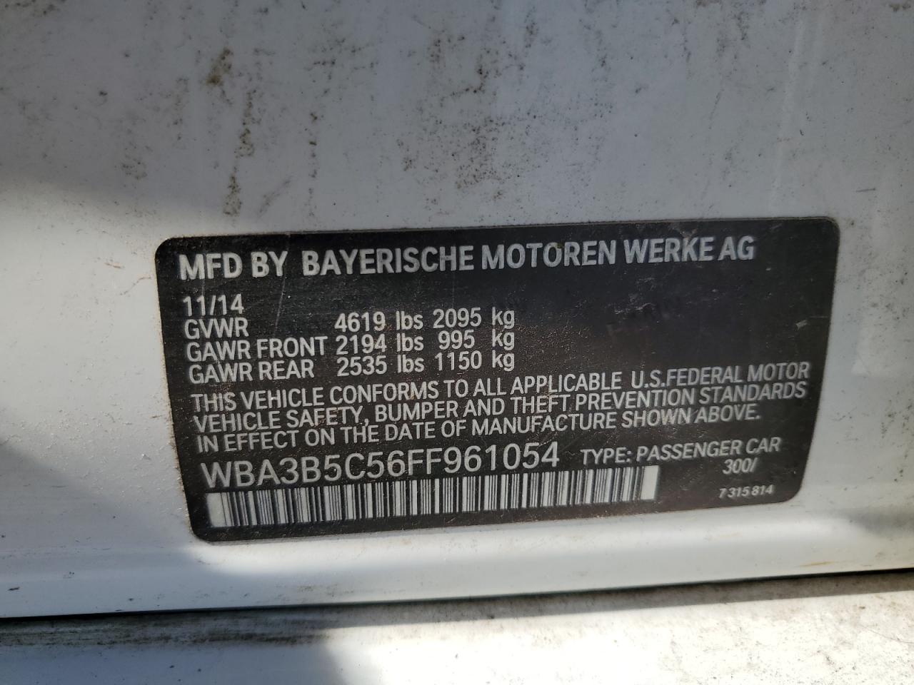 2015 BMW 328 Xi Sulev VIN: WBA3B5C56FF961054 Lot: 61986895