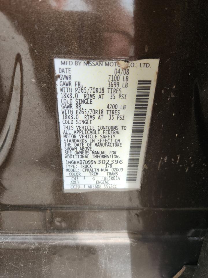 2009 Nissan Titan Xe VIN: 1N6BA07D99N302396 Lot: 59413545