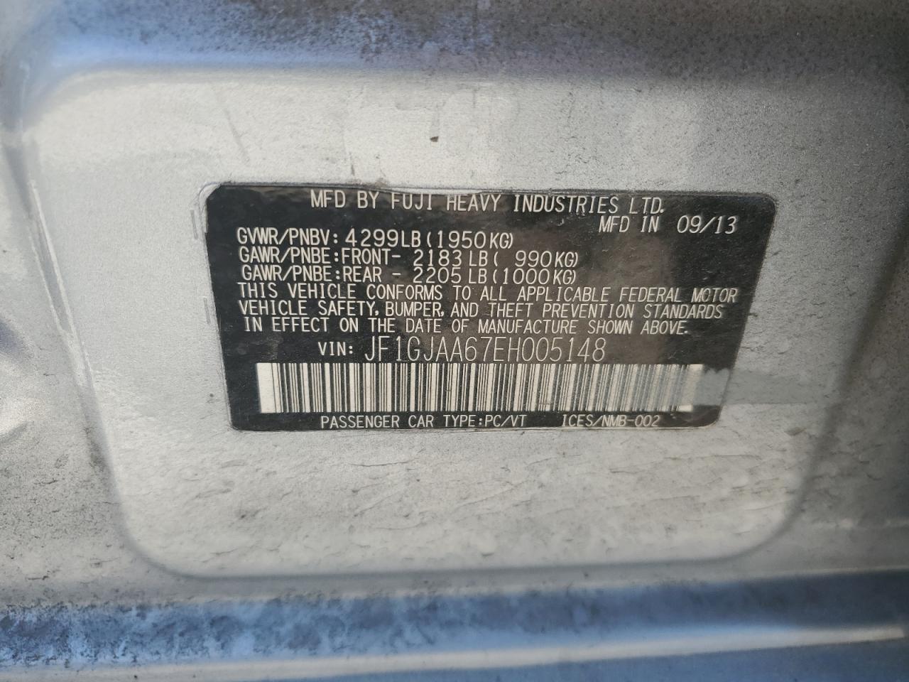 2014 Subaru Impreza VIN: JF1GJAA67EH005148 Lot: 61923945