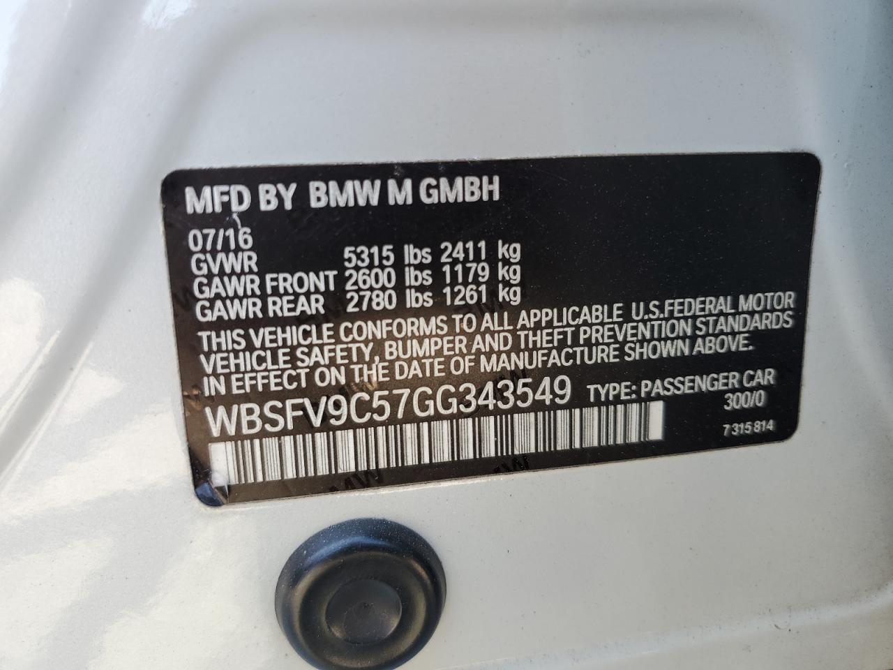2016 BMW M5 VIN: WBSFV9C57GG343549 Lot: 61616415