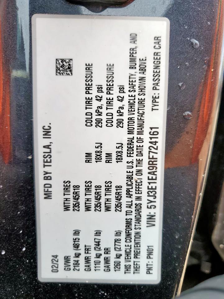 2024 Tesla Model 3 VIN: 5YJ3E1EA9RF724161 Lot: 62601875