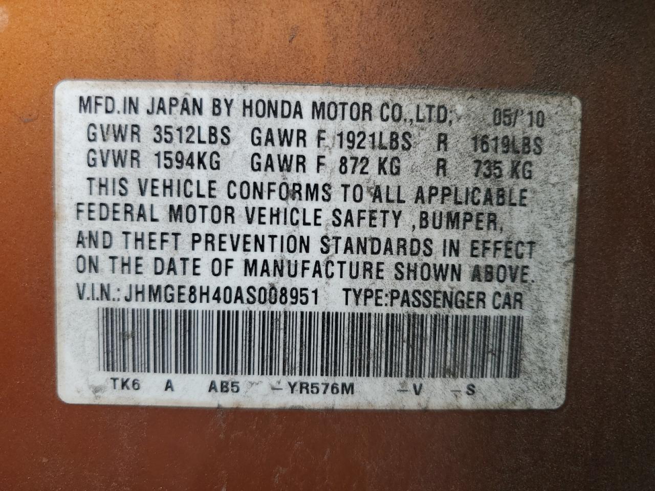 2010 Honda Fit Sport VIN: JHMGE8H40AS008951 Lot: 61046195