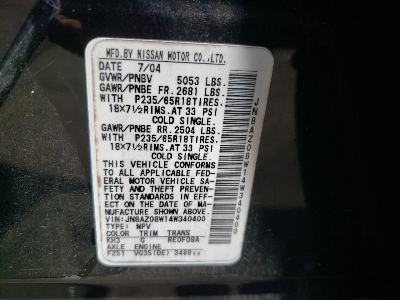 2004 Nissan Murano Sl VIN: JN8AZ08W14W340400 Lot: 61087675